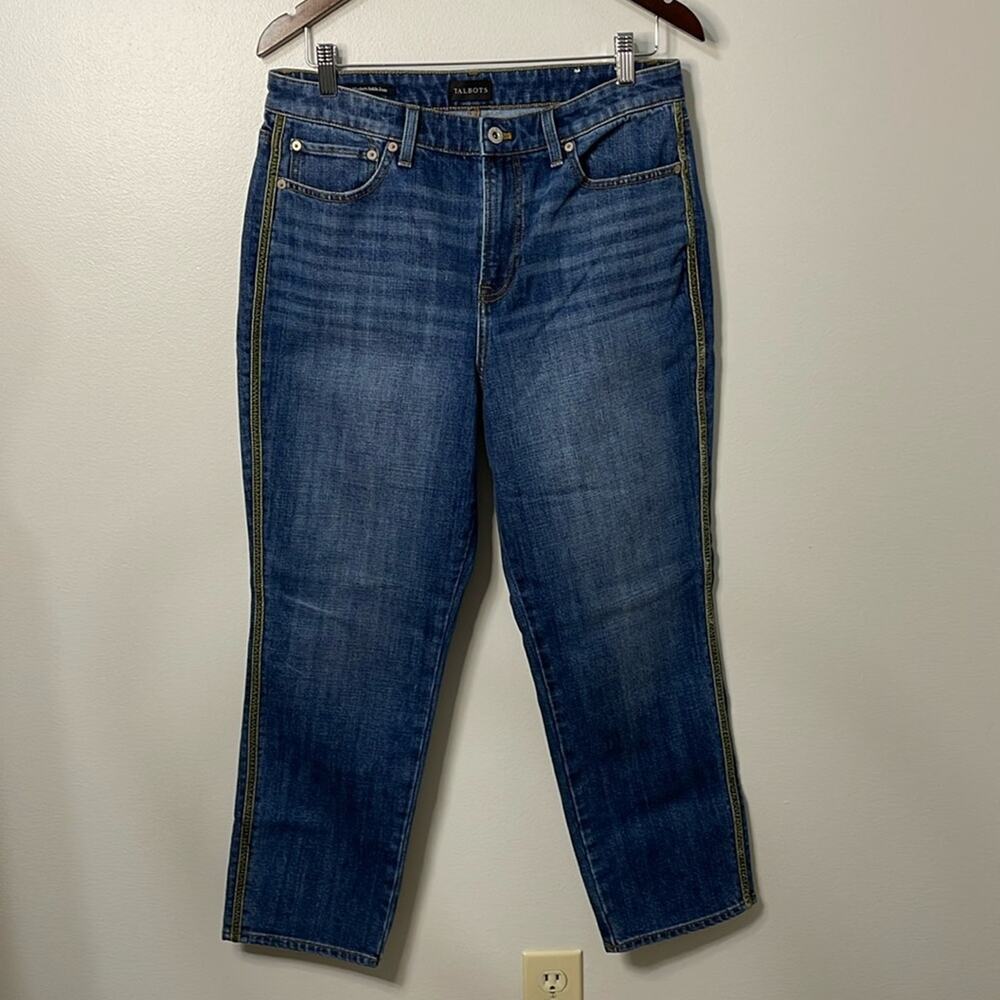 Talbots Modern Ankle Jeans W/Green Velvet Trim 26" Inseam Size 10